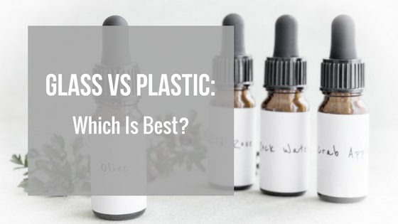 glass vs plastic text with surrounding glass bottles